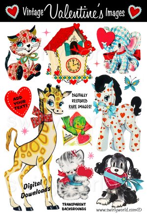 A wonderful collection of very RARE and Unusual 1950s-1960s mid-century vintage Red Heart Valentine's Day images for digital download. Cute and kitschy retro very RARE Valentine illustrations that have been digitally restored.
