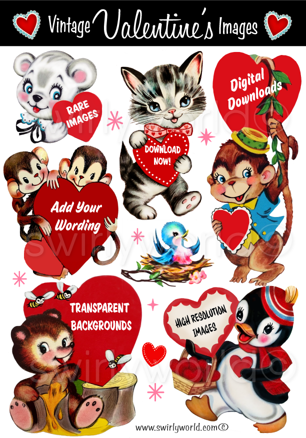 A very RARE and UNIQUE collection of 1950s-1960s mid-century vintage Red Heart Valentine's Day images for digital download. Cute and kitschy retro very RARE Valentine illustrations that have been digitally restored.