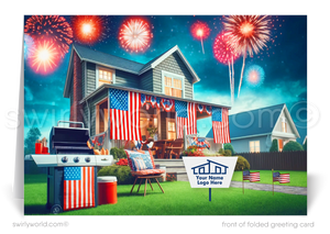 Celebrate Independence Day and stay connected with your clients with our exclusive Happy 4th of July greeting cards, specially designed for Realtors. These cards showcase a picturesque traditional-style home, beautifully adorned with patriotic American flags and a vibrant display of fireworks illuminating the sky.
