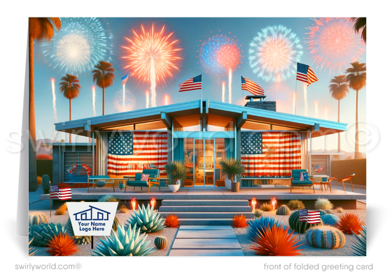 Mark the Fourth of July and strengthen client connections with our custom-designed greeting cards for Realtors. These cards showcase a striking mid-century modern home adorned with American flags, lush succulent desert landscaping, and brilliant fireworks bursting over an impressive forest skyline.