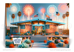 Mark the Fourth of July and strengthen client connections with our custom-designed greeting cards for Realtors. These cards showcase a striking mid-century modern home adorned with American flags, lush succulent desert landscaping, and brilliant fireworks bursting over an impressive forest skyline.
