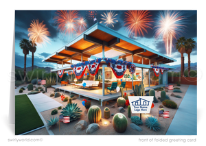 Mark the Fourth of July and strengthen client connections with our custom-designed greeting cards for Realtors. These cards showcase a striking mid-century modern home adorned with American flags, lush succulent desert landscaping, and brilliant fireworks bursting over an impressive forest skyline.