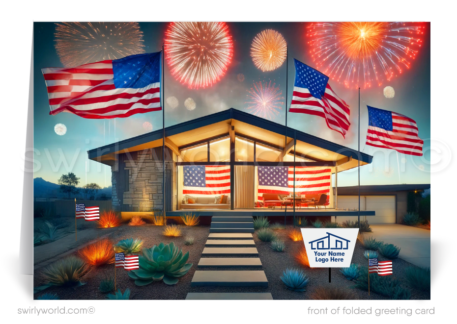 Mark the Fourth of July and strengthen client connections with our custom-designed greeting cards for Realtors. These cards showcase a striking mid-century modern home adorned with American flags, lush succulent desert landscaping, and brilliant fireworks bursting over an impressive forest skyline.
