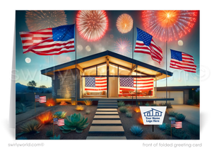 Mark the Fourth of July and strengthen client connections with our custom-designed greeting cards for Realtors. These cards showcase a striking mid-century modern home adorned with American flags, lush succulent desert landscaping, and brilliant fireworks bursting over an impressive forest skyline.