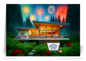 Celebrate the Fourth of July and maintain client relationships with our exclusive greeting cards tailored for Realtors. These cards feature a stunning mid-century modern style home, elegantly decorated with American bunting flags and dazzling fireworks exploding above a spectacular forest skyline.