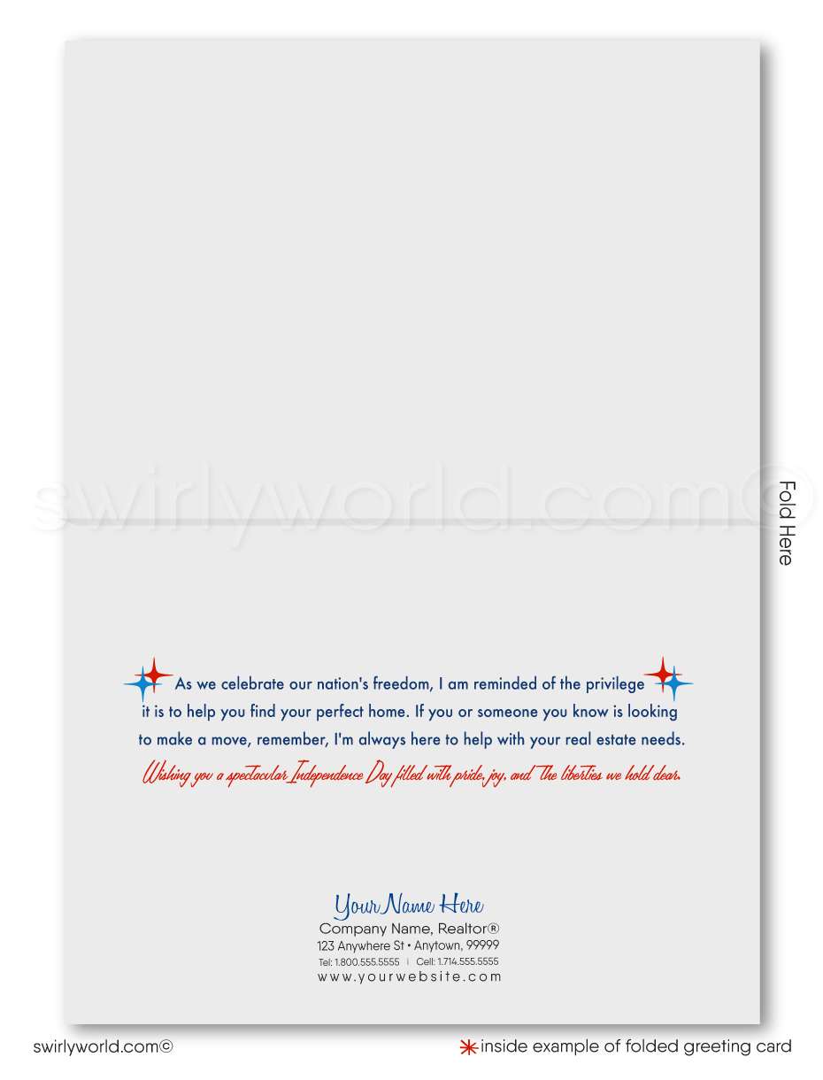 Celebrate the Fourth of July and maintain client relationships with our exclusive greeting cards tailored for Realtors. These cards feature a stunning mid-century modern style home, elegantly decorated with American flags and dazzling fireworks.