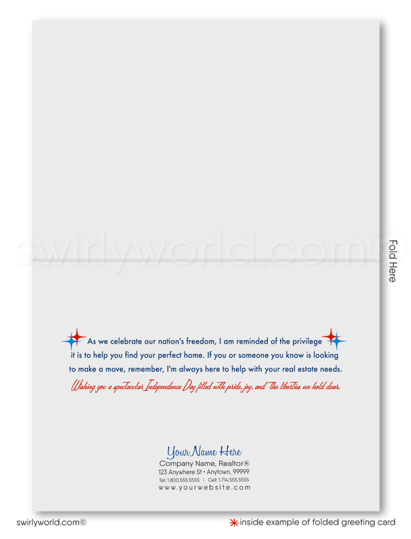 Celebrate the Fourth of July and maintain client relationships with our exclusive greeting cards tailored for Realtors. These cards feature a stunning mid-century modern style home, elegantly decorated with American flags and dazzling fireworks.