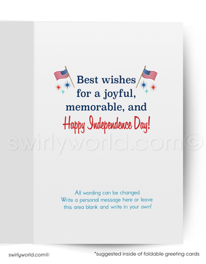 The image is a greeting card for Happy Independence Day, featuring an American flag and stars. The card has a message that reads "Best wishes for a joyful, memorable, and Happy Independence Day!" and provides instructions for writing a personal message.
