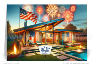 Celebrate the Fourth of July and maintain client relationships with our exclusive greeting cards tailored for Realtors. These cards feature a stunning mid-century modern style home, elegantly decorated with American flags and dazzling fireworks.