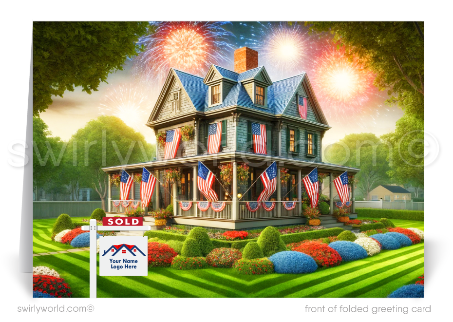 Celebrate Independence Day and stay connected with your clients with our exclusive Happy 4th of July greeting cards, specially designed for Realtors. These cards showcase a picturesque Southern Farmhouse traditional-style home, beautifully adorned with patriotic American flags in a gorgeous, lush garden landscape.