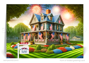 Celebrate Independence Day and stay connected with your clients with our exclusive Happy 4th of July greeting cards, specially designed for Realtors. These cards showcase a picturesque Southern Farmhouse traditional-style home, beautifully adorned with patriotic American flags in a gorgeous, lush garden landscape.