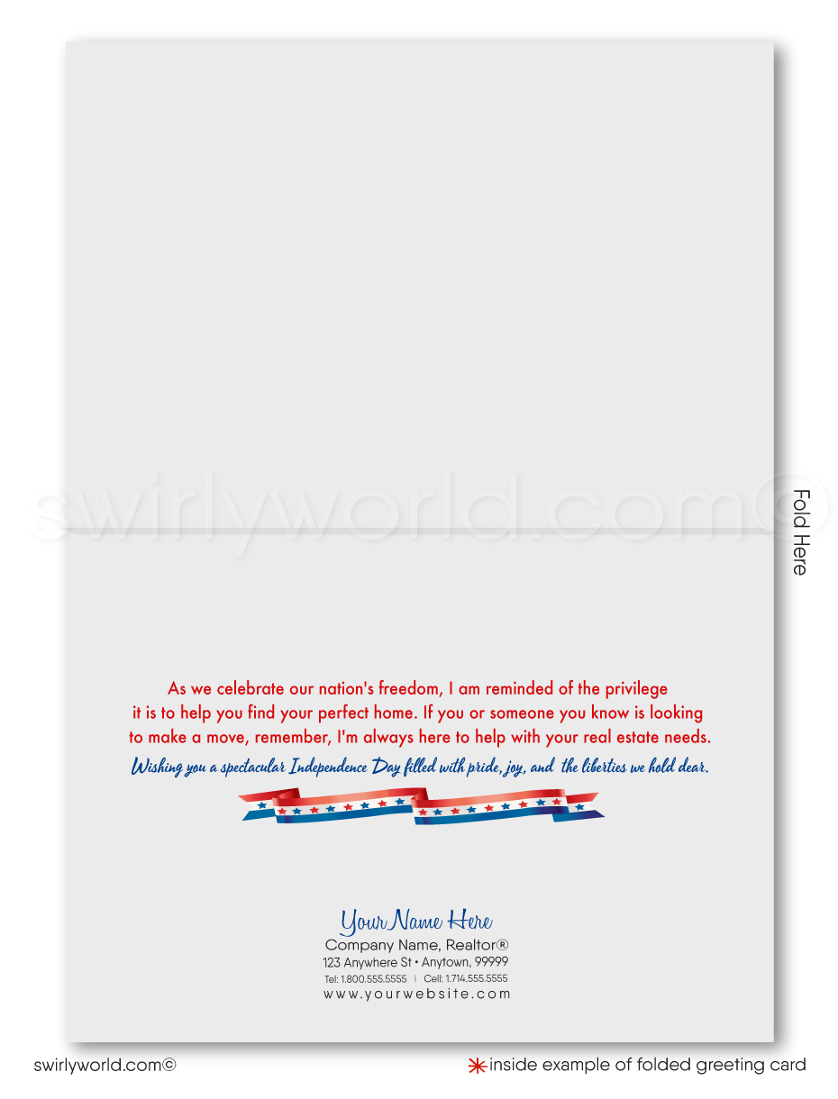 Celebrate Independence Day and stay connected with your clients with our exclusive Happy 4th of July greeting cards, specially designed for Realtors. These cards showcase a picturesque Southern Farmhouse traditional-style home, beautifully adorned with patriotic American flags in a gorgeous, lush garden landscape.