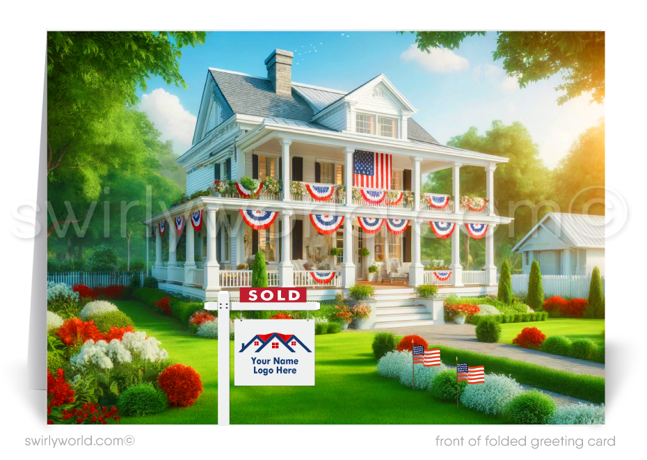 Customizable Realtor 4th of July Independence Day Greeting Cards with Southern Patriotic Home
