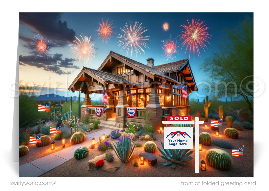 Celebrate the Fourth of July and maintain connections with your clients using our exclusive Happy 4th of July greeting cards, crafted specifically for Realtors. These cards feature a charming vintage Arts and Crafts Craftsman-style home, elegantly decorated with American flags and vibrant fireworks in the evening sky.