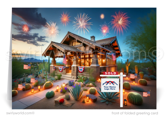Celebrate the Fourth of July and maintain connections with your clients using our exclusive Happy 4th of July greeting cards, crafted specifically for Realtors. These cards feature a charming vintage Arts and Crafts Craftsman-style home, elegantly decorated with American flags and vibrant fireworks in the evening sky.