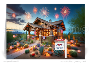 Celebrate the Fourth of July and maintain connections with your clients using our exclusive Happy 4th of July greeting cards, crafted specifically for Realtors. These cards feature a charming vintage Arts and Crafts Craftsman-style home, elegantly decorated with American flags and vibrant fireworks in the evening sky.