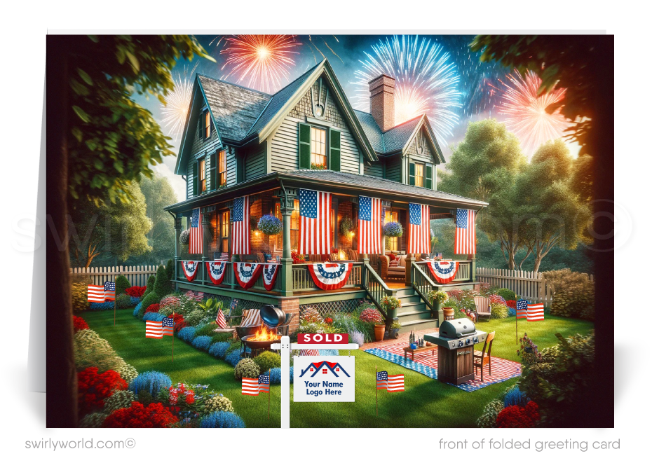Celebrate the Fourth of July and maintain connections with your clients using our exclusive Happy 4th of July greeting cards, crafted specifically for Realtors. These cards feature a charming vintage Arts and Crafts Craftsman-style home, elegantly decorated with American flags and vibrant fireworks in the evening sky.