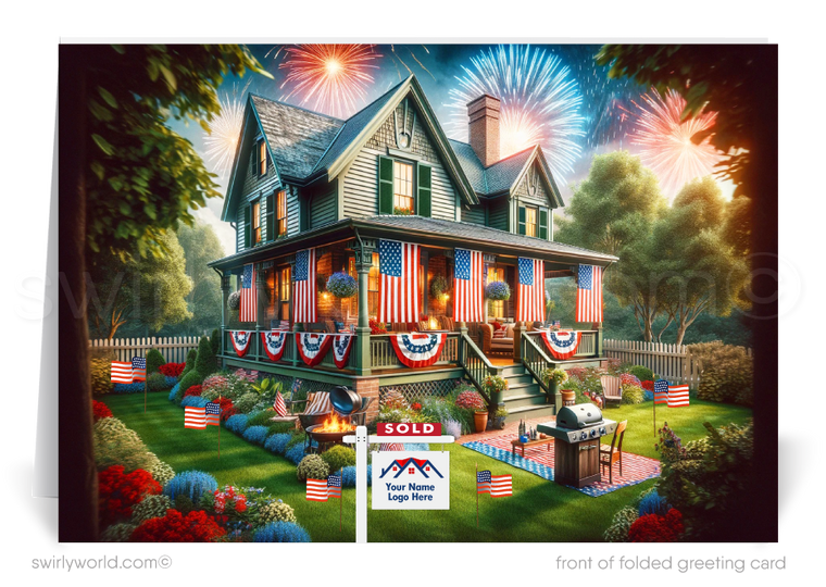 Celebrate the Fourth of July and maintain connections with your clients using our exclusive Happy 4th of July greeting cards, crafted specifically for Realtors. These cards feature a charming vintage Arts and Crafts Craftsman-style home, elegantly decorated with American flags and vibrant fireworks in the evening sky.