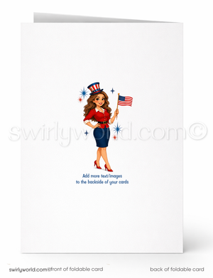 A cartoon illustration of a woman wearing a patriotic outfit and waving an American flag, with stars and a blue background.