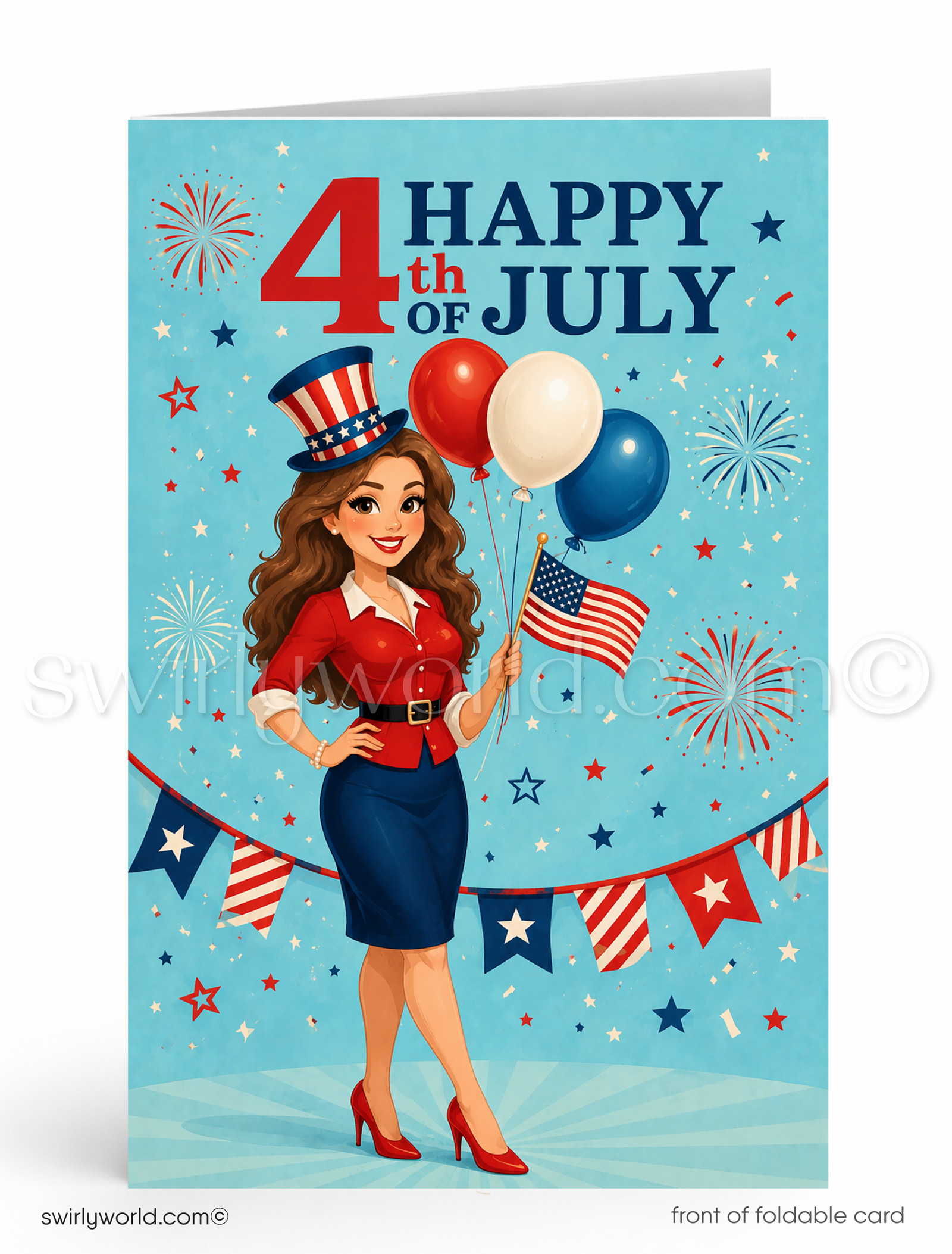 A woman wearing a patriotic hat and holding balloons is standing in front of a festive background with fireworks and American flags.