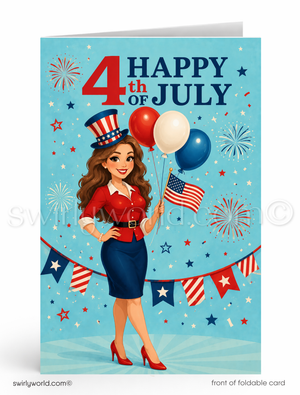 A woman wearing a patriotic hat and holding balloons is standing in front of a festive background with fireworks and American flags.