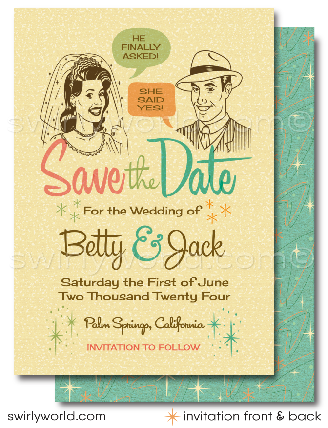 Crafted for the super cool bride and groom-to-be, this "Save the Date" card encapsulates the essence of retro modern vintage charm. Its design reflects the iconic mid-century modern style, blending clean lines, dynamic patterns, and vibrant colors to create a piece that's as timeless as your love story.