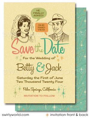 Crafted for the super cool bride and groom-to-be, this "Save the Date" card encapsulates the essence of retro modern vintage charm. Its design reflects the iconic mid-century modern style, blending clean lines, dynamic patterns, and vibrant colors to create a piece that's as timeless as your love story.