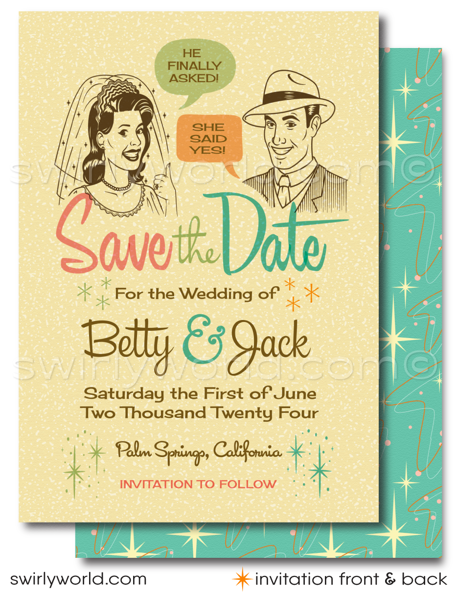 Retro Atomic Mod 1950's Save the Date Engagement Invitation Digital Download