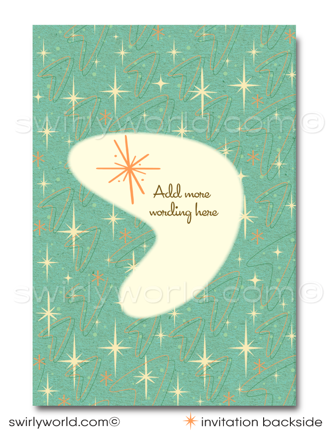 Crafted for the super cool bride and groom-to-be, this "Save the Date" card encapsulates the essence of retro modern vintage charm. Its design reflects the iconic mid-century modern style, blending clean lines, dynamic patterns, and vibrant colors to create a piece that's as timeless as your love story.