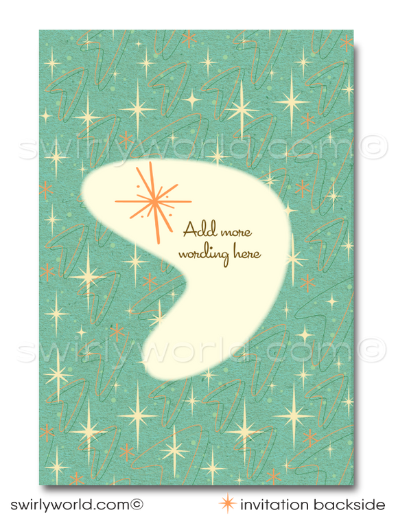 Crafted for the super cool bride and groom-to-be, this "Save the Date" card encapsulates the essence of retro modern vintage charm. Its design reflects the iconic mid-century modern style, blending clean lines, dynamic patterns, and vibrant colors to create a piece that's as timeless as your love story.