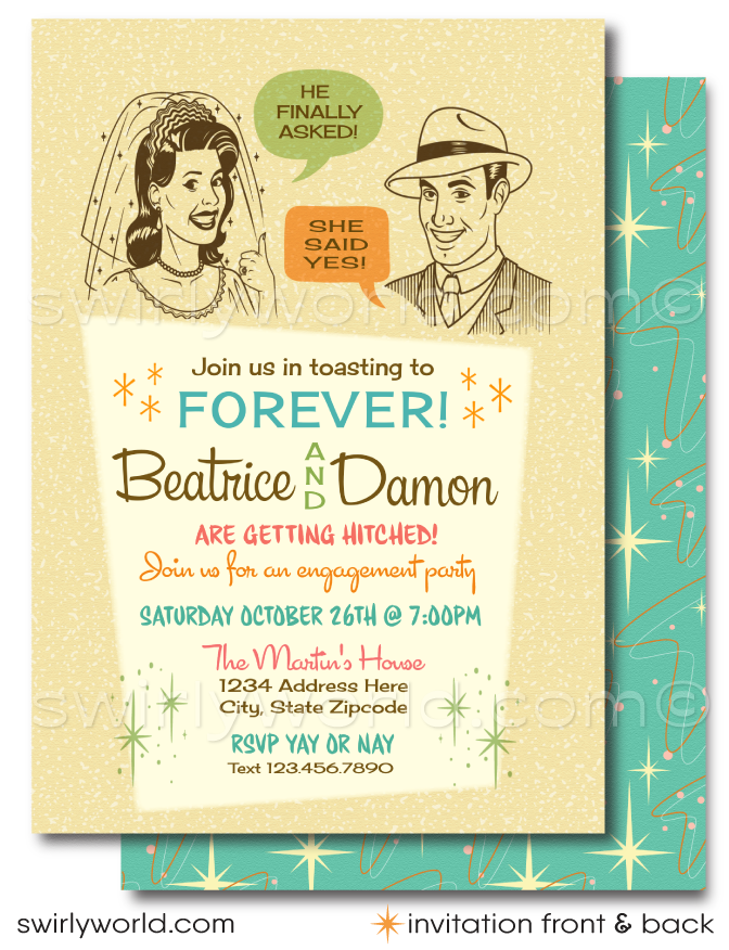1950s Atomic Retro Mid-Century Modern Engagement Party Invitations with Starbursts!