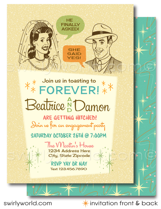 1950s Atomic Retro Mid-Century Modern Engagement Party Invitations with Starbursts!