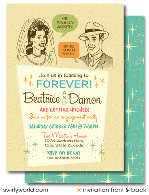 1950s-1960s Mid-Century Modern Retro Vintage Engagement Party Wedding Invitation Set