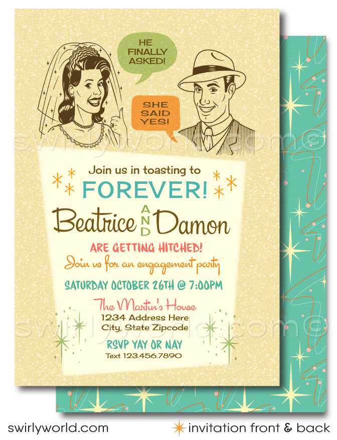 1950s-1960s Mid-Century Modern Retro Vintage Engagement Party Wedding Invitation Set