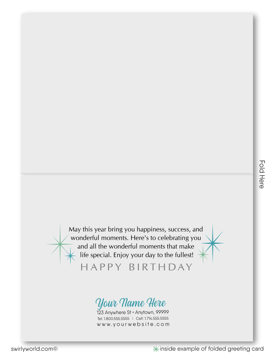 Stand out with our unique Happy Birthday greeting card, featuring vintage-style handwritten lettering in soothing blue and green colors. Choose between a traditional folded card or a budget-friendly flat card. Printed on thick card stock with matching envelopes included. Upgrade to customized envelopes with your logo for a professional touch. Perfect for gender-neutral celebrations.