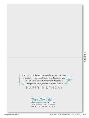 Stand out with our unique Happy Birthday greeting card, featuring vintage-style handwritten lettering in soothing blue and green colors. Choose between a traditional folded card or a budget-friendly flat card. Printed on thick card stock with matching envelopes included. Upgrade to customized envelopes with your logo for a professional touch. Perfect for gender-neutral celebrations.