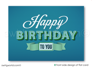 Stand out with our unique Happy Birthday greeting card, featuring vintage-style handwritten lettering in soothing blue and green colors. Choose between a traditional folded card or a budget-friendly flat card. Printed on thick card stock with matching envelopes included. Upgrade to customized envelopes with your logo for a professional touch. Perfect for gender-neutral celebrations.