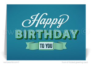 Stand out with our unique Happy Birthday greeting card, featuring vintage-style handwritten lettering in soothing blue and green colors. Choose between a traditional folded card or a budget-friendly flat card. Printed on thick card stock with matching envelopes included. Upgrade to customized envelopes with your logo for a professional touch. Perfect for gender-neutral celebrations.