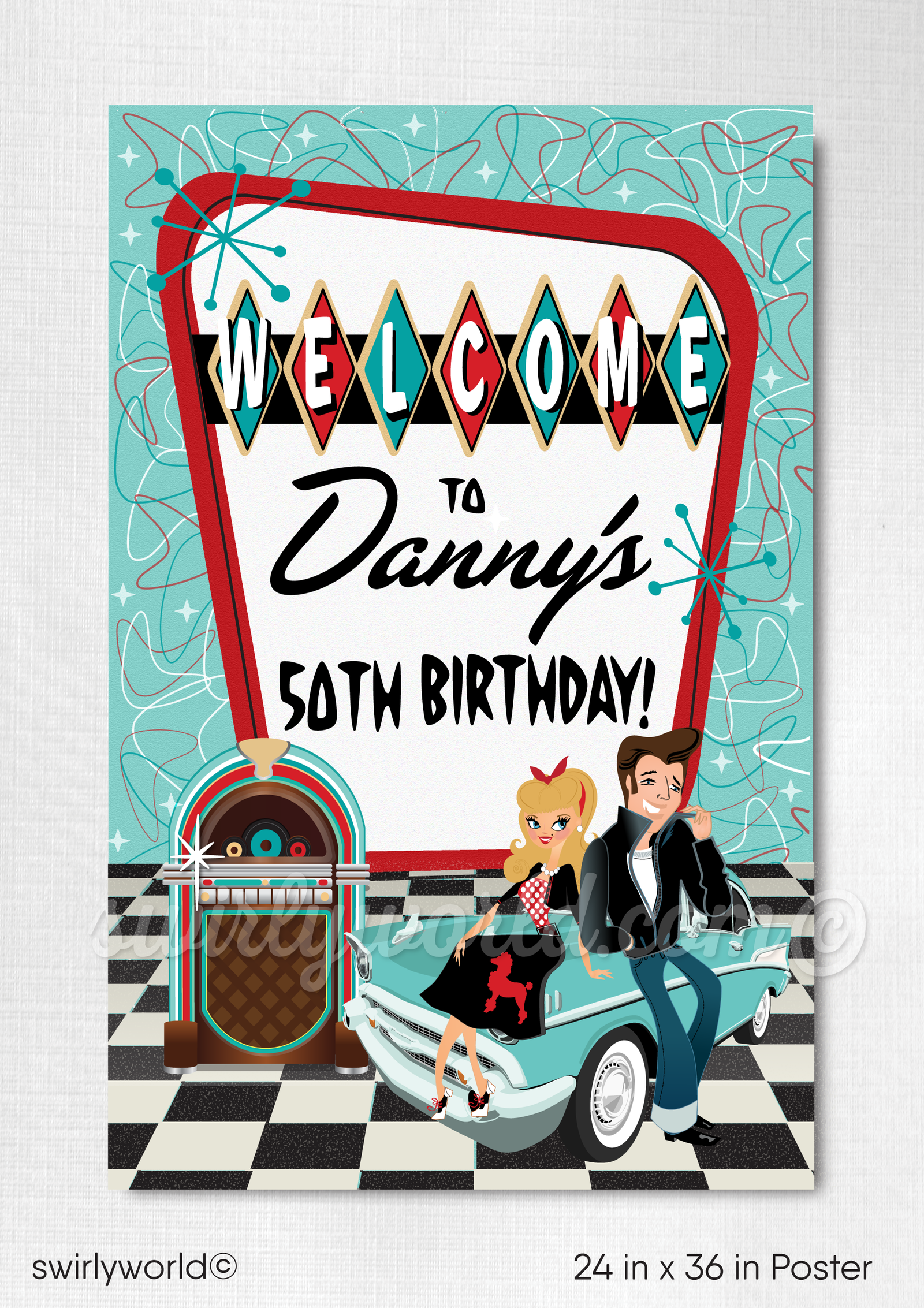 Retro 1950s MCM Rockabilly Diner Vintage Car Welcome Poster Digital Download