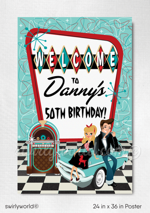 Retro 1950s MCM Rockabilly Diner Vintage Car Welcome Poster Digital Download