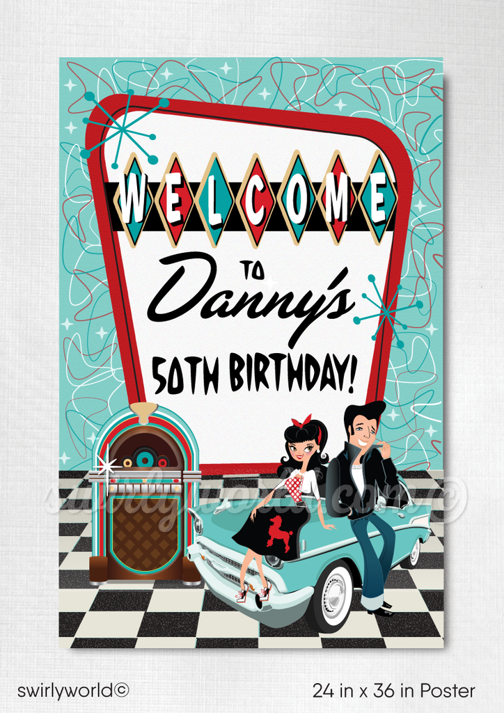 Retro 1950s MCM Rockabilly Diner Vintage Car Welcome Poster Digital Download