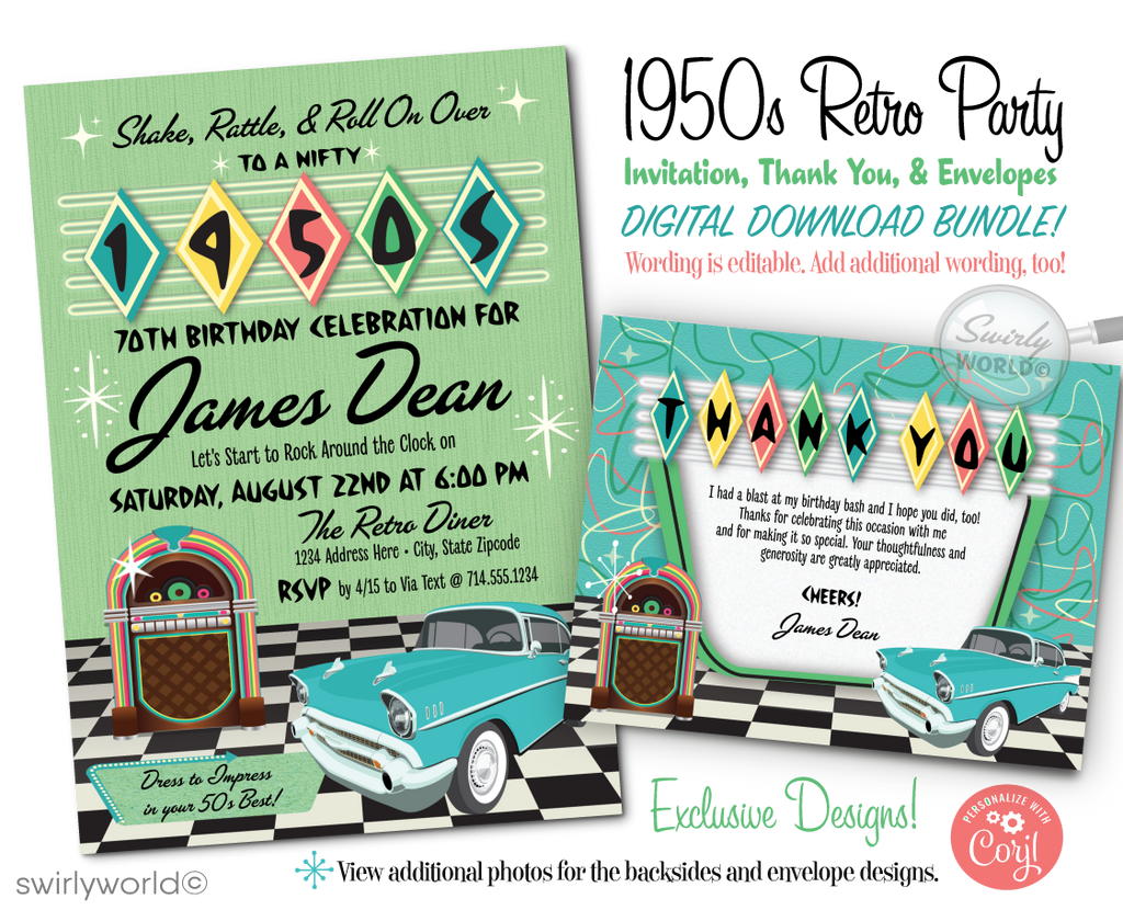 Step back in time to the Nifty Fifties with our Retro Rockabilly 1950s Birthday Party Invitation Set, inspired by classic car shows and vintage charm! Picture yourself cruising down memory lane in a classic 1957 aqua blue Chevy convertible, parked on a timeless black and white checkered floor beside a jukebox, setting the stage for a celebration that's straight out of a bygone era.