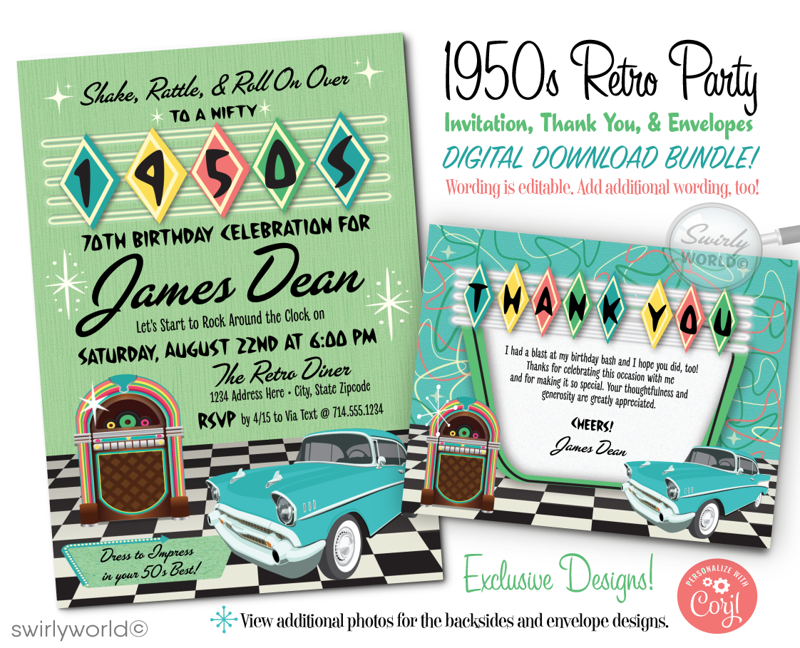 Step back in time to the Nifty Fifties with our Retro Rockabilly 1950s Birthday Party Invitation Set, inspired by classic car shows and vintage charm! Picture yourself cruising down memory lane in a classic 1957 aqua blue Chevy convertible, parked on a timeless black and white checkered floor beside a jukebox, setting the stage for a celebration that's straight out of a bygone era.