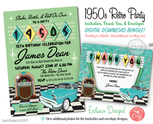 Step back in time to the Nifty Fifties with our Retro Rockabilly 1950s Birthday Party Invitation Set, inspired by classic car shows and vintage charm! Picture yourself cruising down memory lane in a classic 1957 aqua blue Chevy convertible, parked on a timeless black and white checkered floor beside a jukebox, setting the stage for a celebration that's straight out of a bygone era.