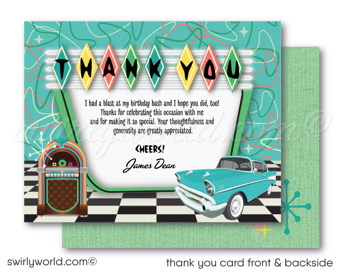 Retro 1950s Vintage Jukebox Sock Hop Grease Theme Birthday Party Printed Invitations