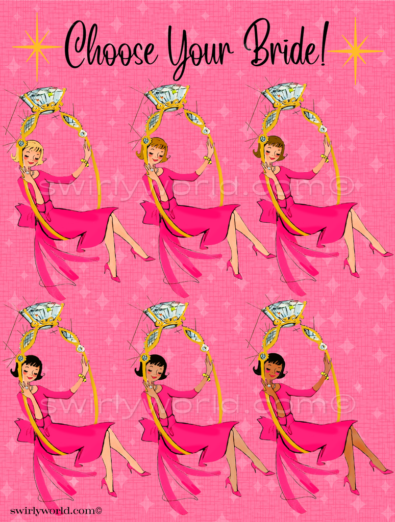 Retro Mid-Century Vintage Pink & Yellow Pin-Up Girl Swinging from Engagement Ring Bridal Shower Printed Invitations