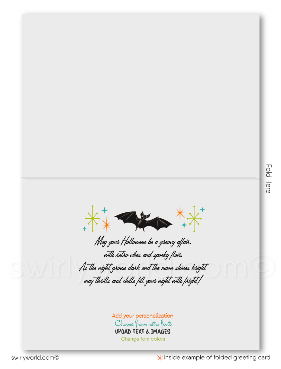 Retro MCM Happy Halloween Greeting Cards - Eichler-Inspired Monsters & Cocktails Design