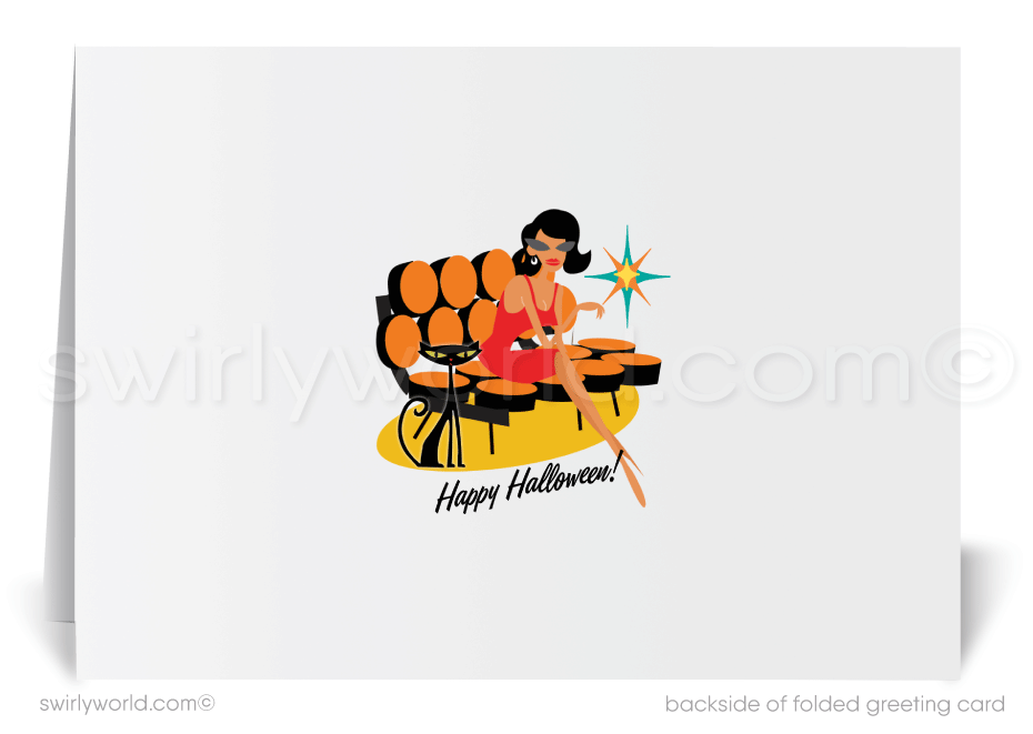 Retro MCM Happy Halloween Greeting Cards - Eichler-Inspired Monsters & Cocktails Design