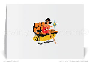 Retro MCM Happy Halloween Greeting Cards - Eichler-Inspired Monsters & Cocktails Design