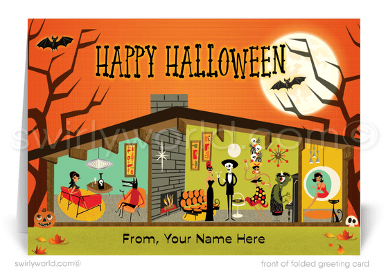 Retro 1960s Eichler Atomic MCM Mid-Century Modern Halloween Greeting Cards for RealtorsRetro 1960s Eichler Atomic Ranch MCM Mid-Century Modern Halloween Greeting Cards 